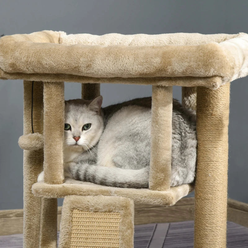 Brown Cat Tree Tower with Scratching Post and Toy Ball