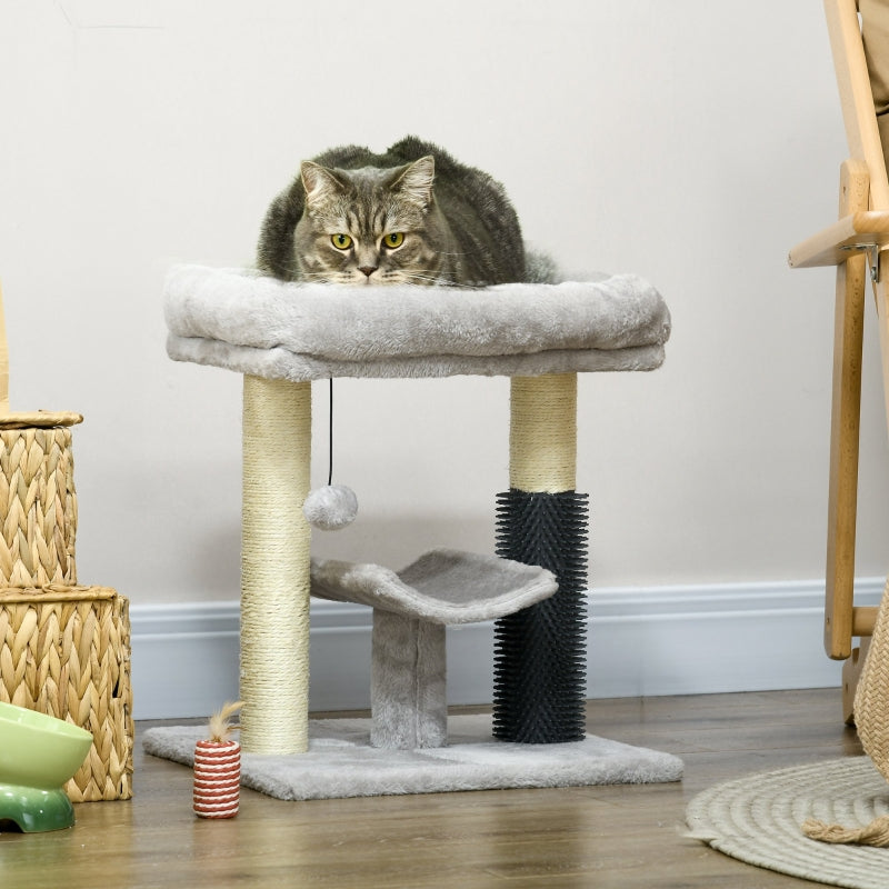 Grey Cat Tree with Scratching Posts, Bed, Perch, Self Groomer, Toy - 48cm