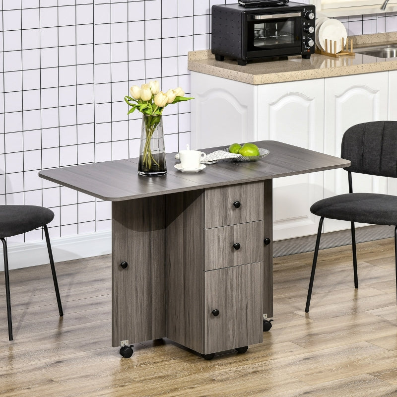 Grey Folding Dining Table with Storage Drawers and Wheels