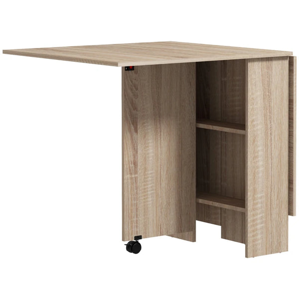 Natural Folding Drop Leaf Dining Table with Shelves and Casters