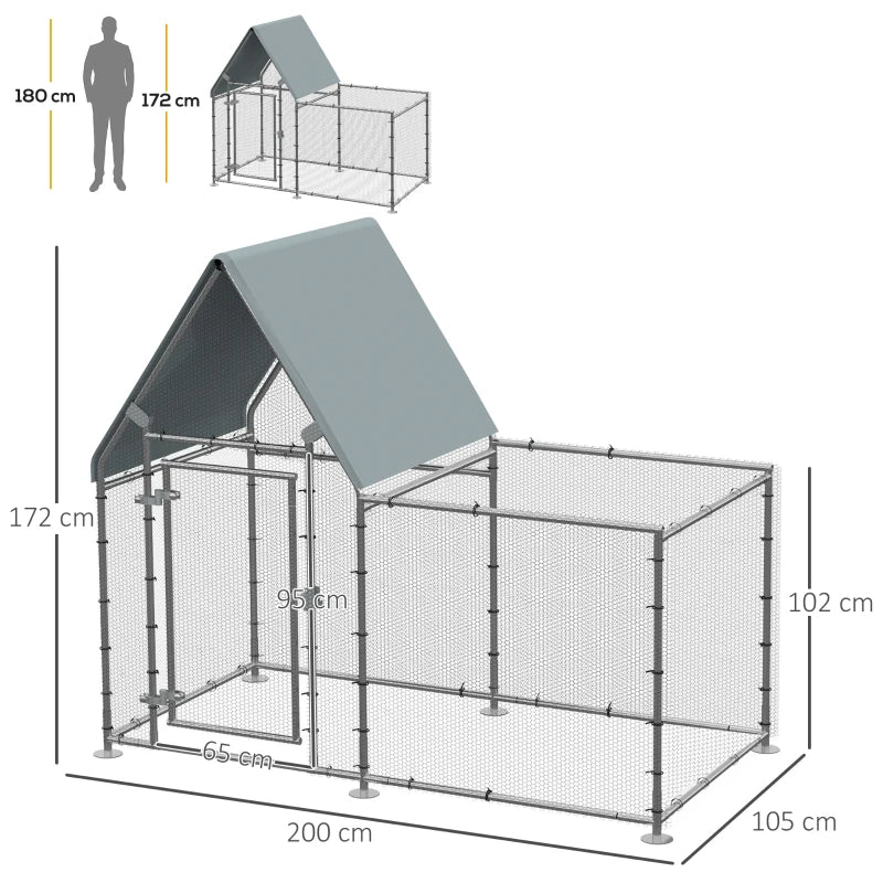 Galvanized Metal Chicken Run with Water-Resistant Cover, Large Outdoor Enclosure for 4-6 Chickens - 200 x 105 x 172cm