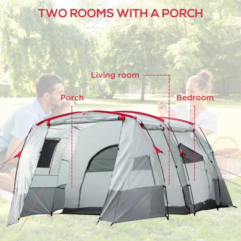 6-8 Person Grey Tunnel Camping Tent with Bedroom, Living Room, 3 Doors