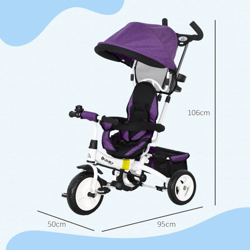 Purple 6-in-1 Kids Trike with Push Handle, Canopy, Safety Belt, Storage, Footrest, Brake