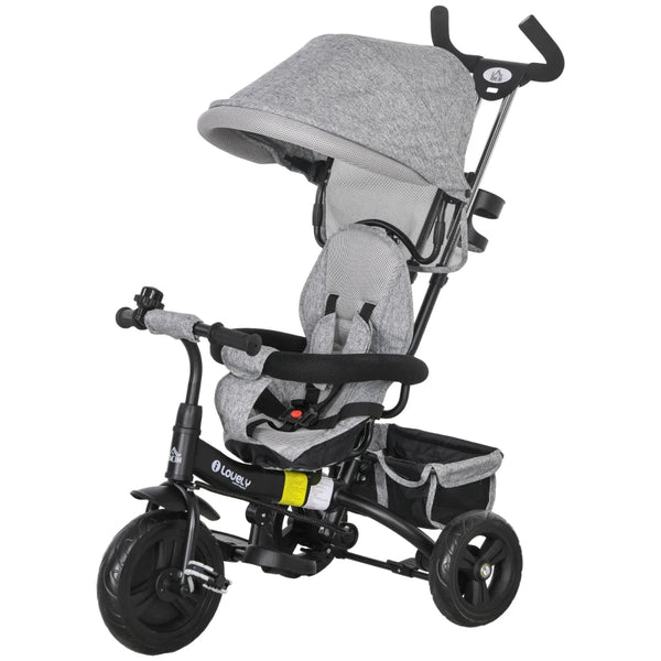 Grey 6-in-1 Kids Trike with Push Handle, Canopy, Safety Belt, Storage & Brake