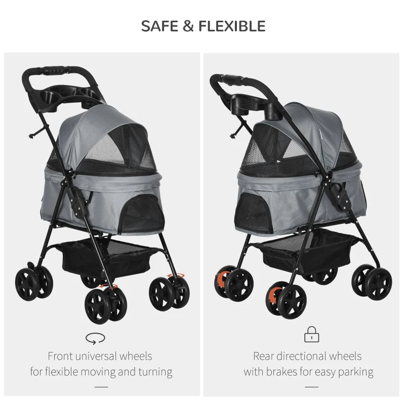 Grey Pet Stroller with Canopy and Storage Basket