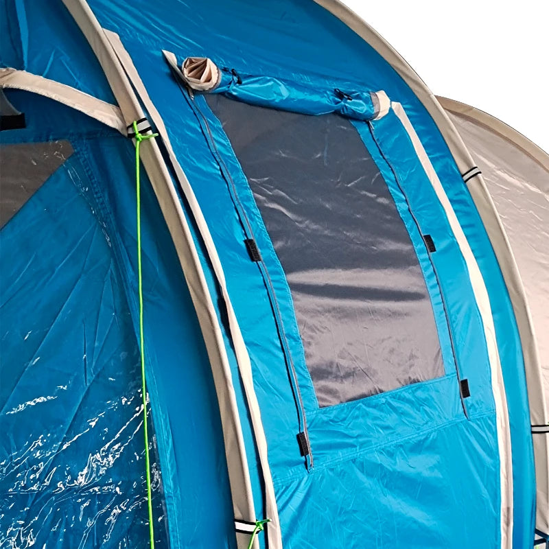 Blue 3-4 Person Tunnel Camping Tent with Windows and Covers