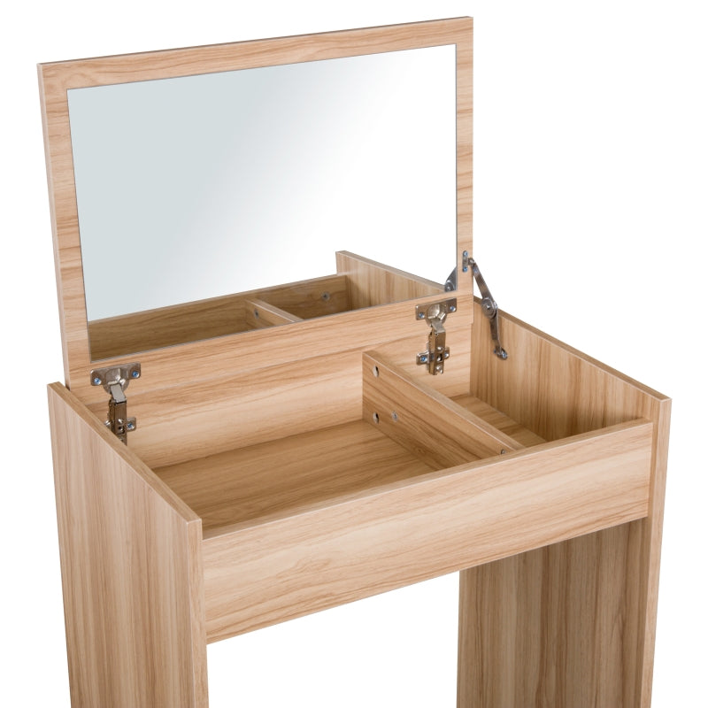 Wood Grain Dressing Table Set with Padded Stool and Flip-up Mirror