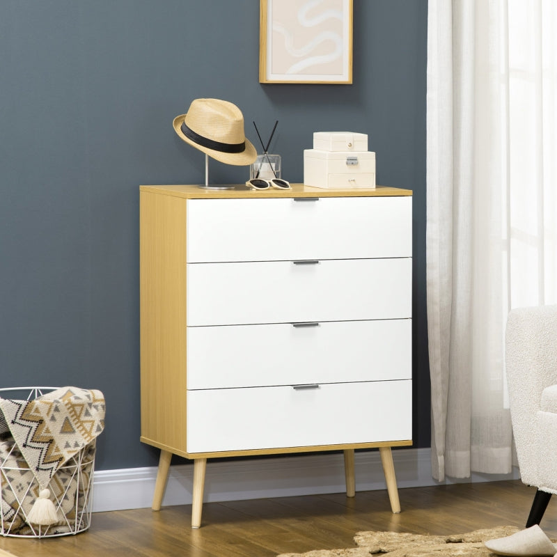 White and Natural 4-Drawer Storage Chest with Pine Wood Legs