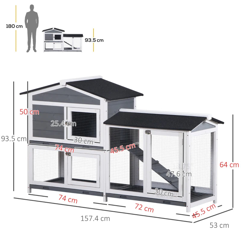 Grey 2-Tier Wooden Rabbit Hutch with Tray Ramp