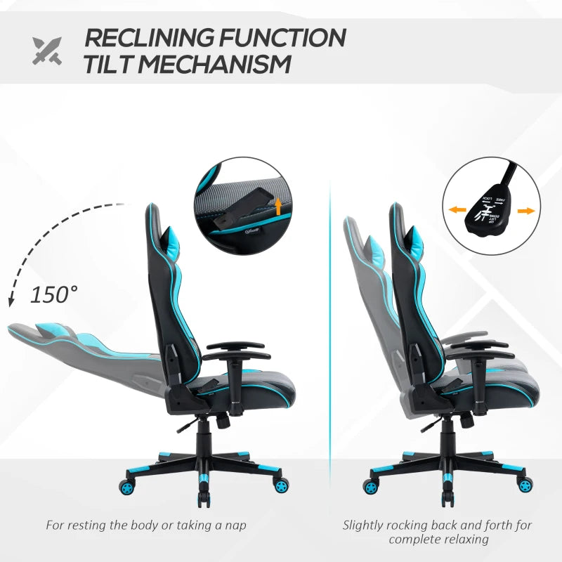 Sky Blue Racing Style Gaming Chair with Headrest and Lumbar Support
