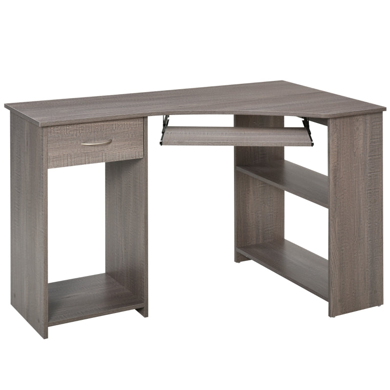 Grey L-Shaped Computer Desk with Shelves & Drawer