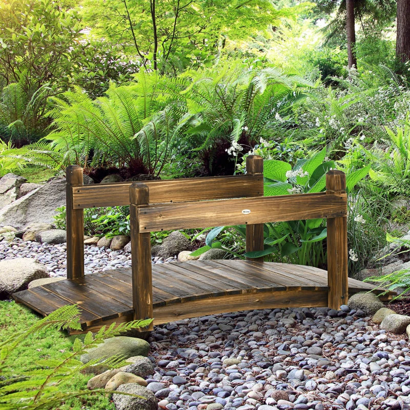 5FT Stained Wooden Garden Bridge with Planters - Arc Footbridge for Pond or Stream