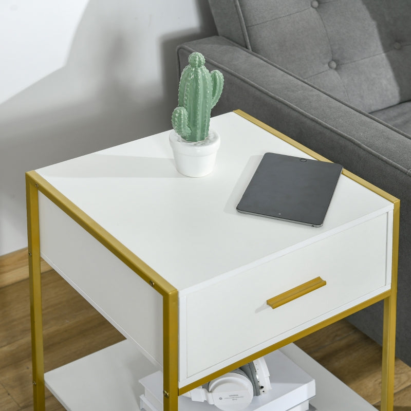 White and Gold Modern Bedside Tables with Drawer Shelf, Set of 2