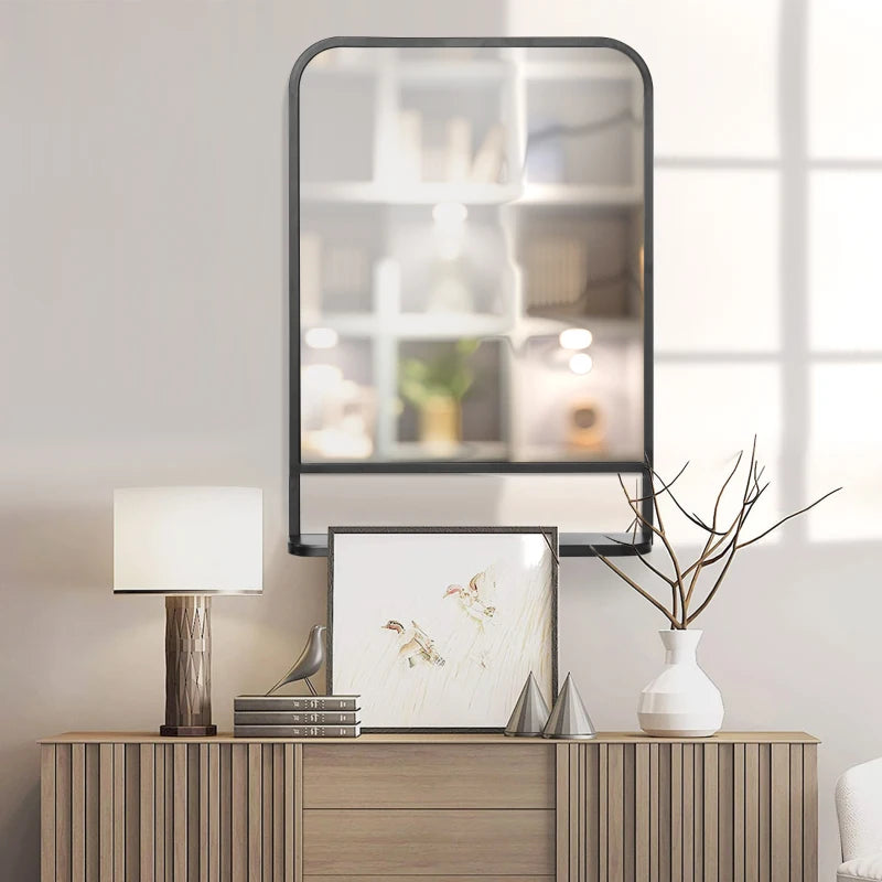 Black Square Wall Mirror with Storage Shelf, 70 x 50 cm - Modern Mirrors for Living Room, Bedroom