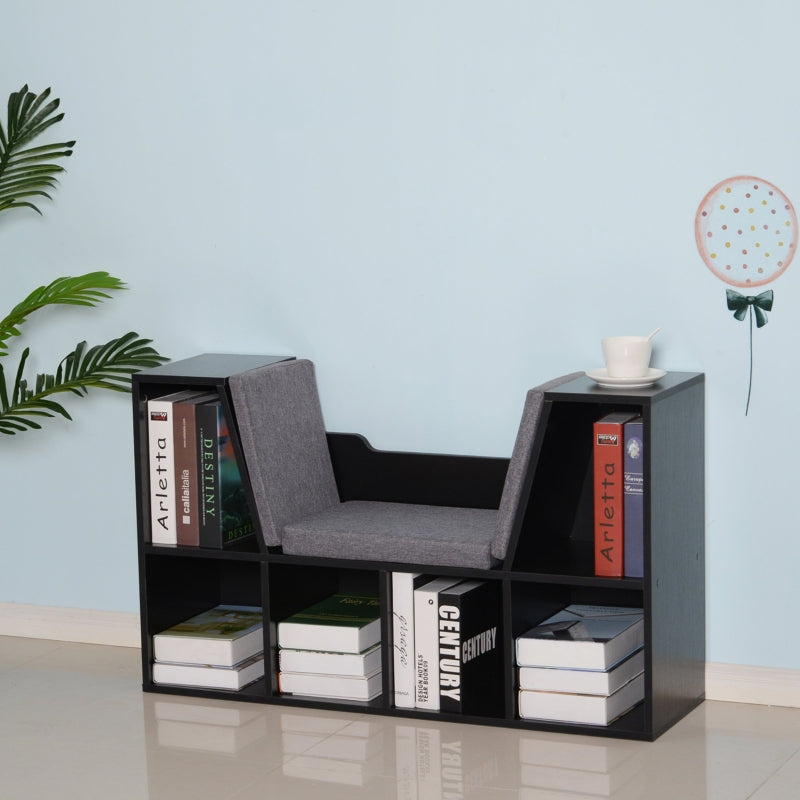 Black 6-Compartment Bookcase with Padded Seat