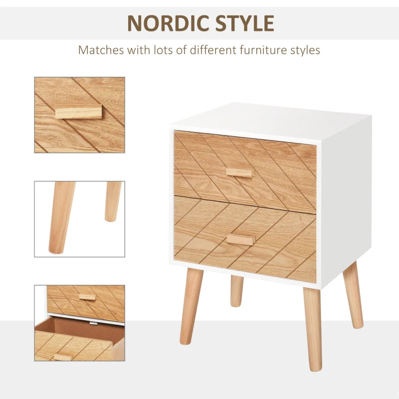 Natural Wood 2-Drawer Bedside Table with Pine Legs