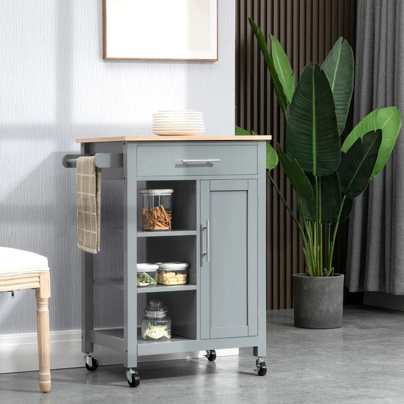 Grey Kitchen Utility Cart with Open Shelf & Drawer