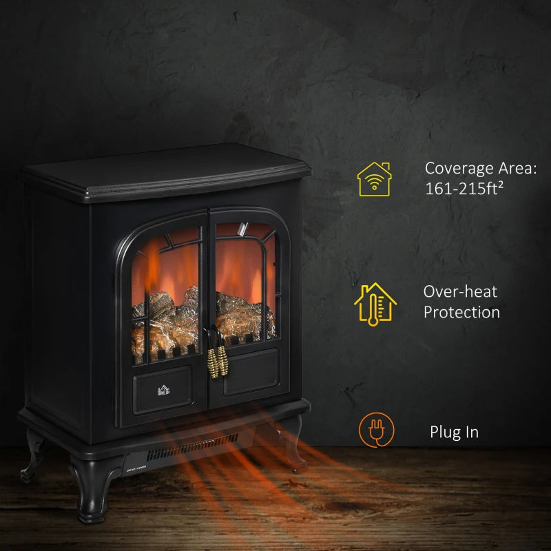 Black Electric Fireplace Stove Heater with LED Flame Effect, Double Door, Portable & Safe