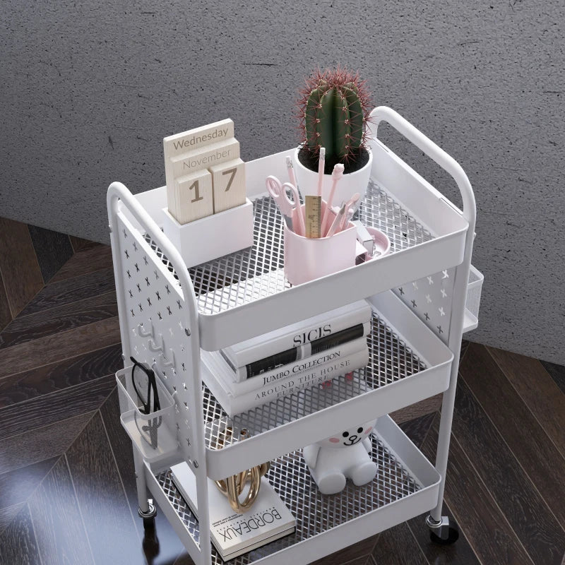 White 3-Tier Rolling Storage Trolley with Baskets and Hooks