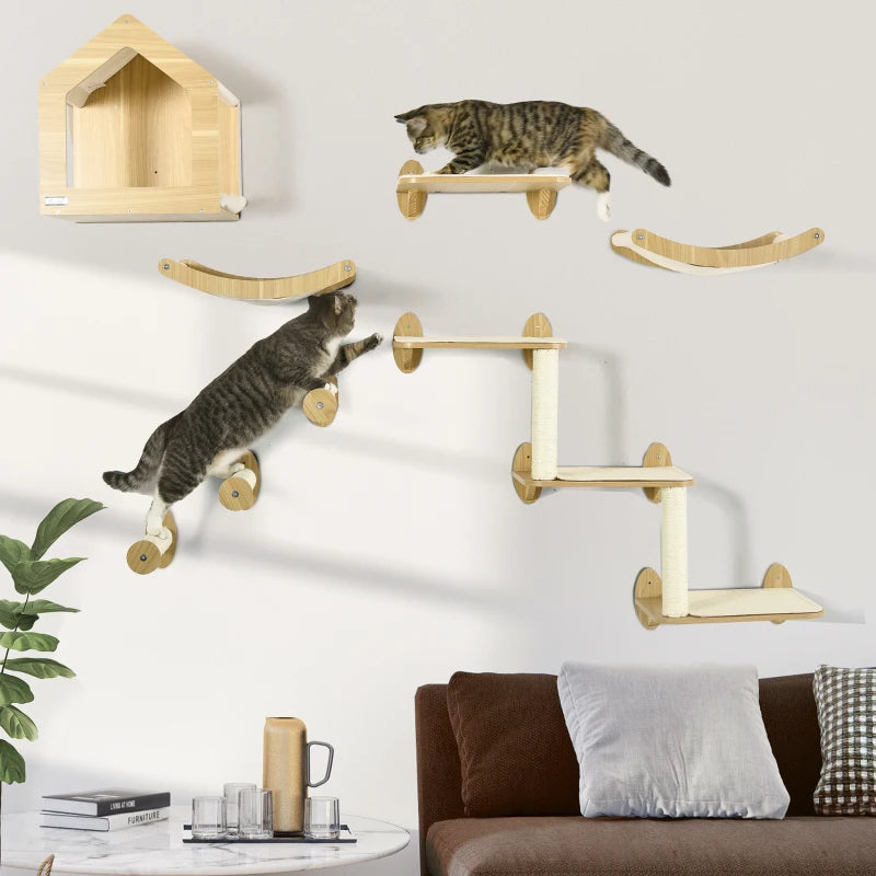 Cat Wall Climbing Set with House, Perches, Posts - Gray