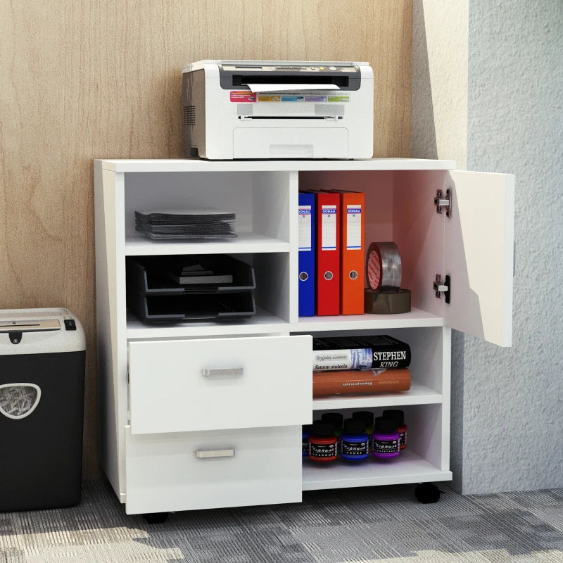 White Mobile Printer Stand with Shelves and Drawers, Printer Table on Wheels - 60x35x65cm