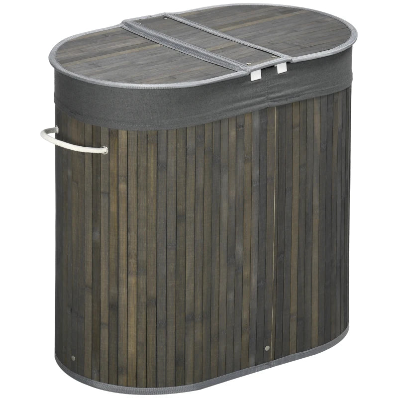 Grey Bamboo Laundry Basket with Lid, 100L, 2 Sections, Washable Lining, 62.5 x 37 x 60.5cm