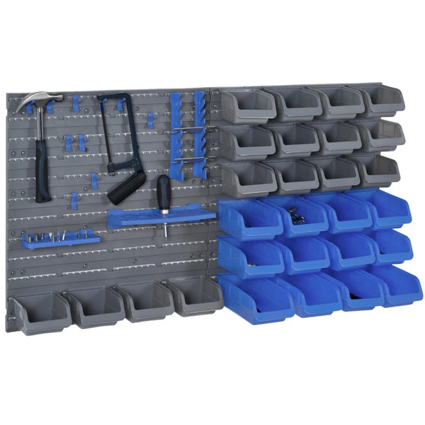 Blue Wall Mounted Tool Rack Organizer with 44 Storage Bins and Shelf