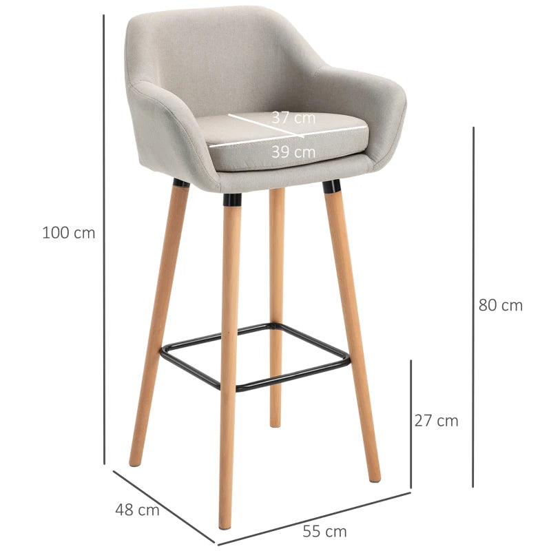 Beige Upholstered Bar Stools Set of 2 - Modern Metal Frame, Solid Wood Legs