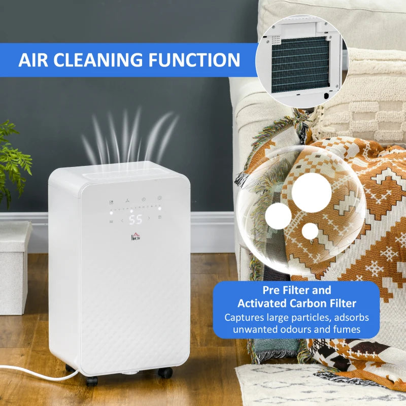 White Portable Dehumidifier with Air Purifier, 24H Timer, 5 Modes, 10L/Day