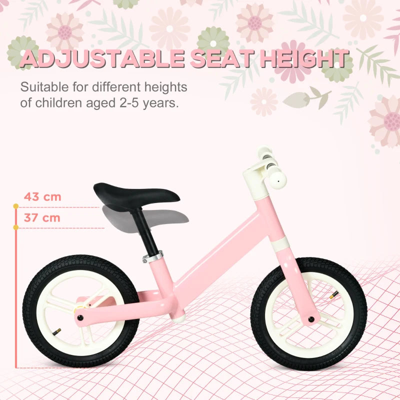 12" Pink Balance Bike for Kids - Adjustable Seat, 360° Rotation Handlebars