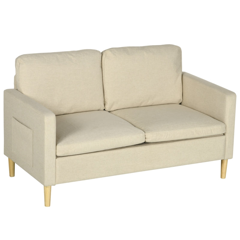 Beige Fabric Two Seater Sofa with Wood Legs and Pockets for Living Room