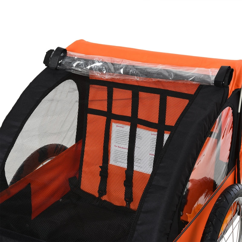 Orange Black 2-Seat Child Bike Trailer with Safety Harness