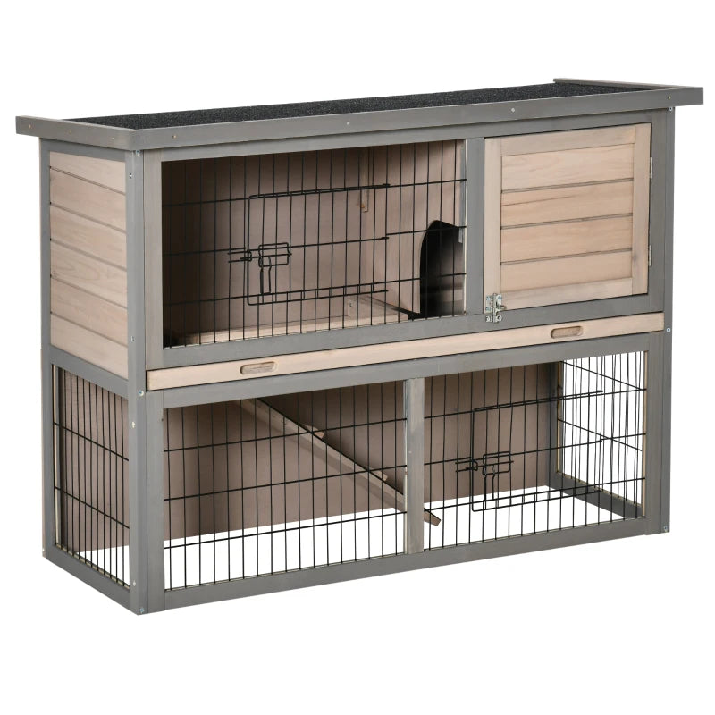 Brown 2 Tier Wooden Rabbit Hutch Guinea Pig House with Ramp and Outdoor Run - Small Animal Cage