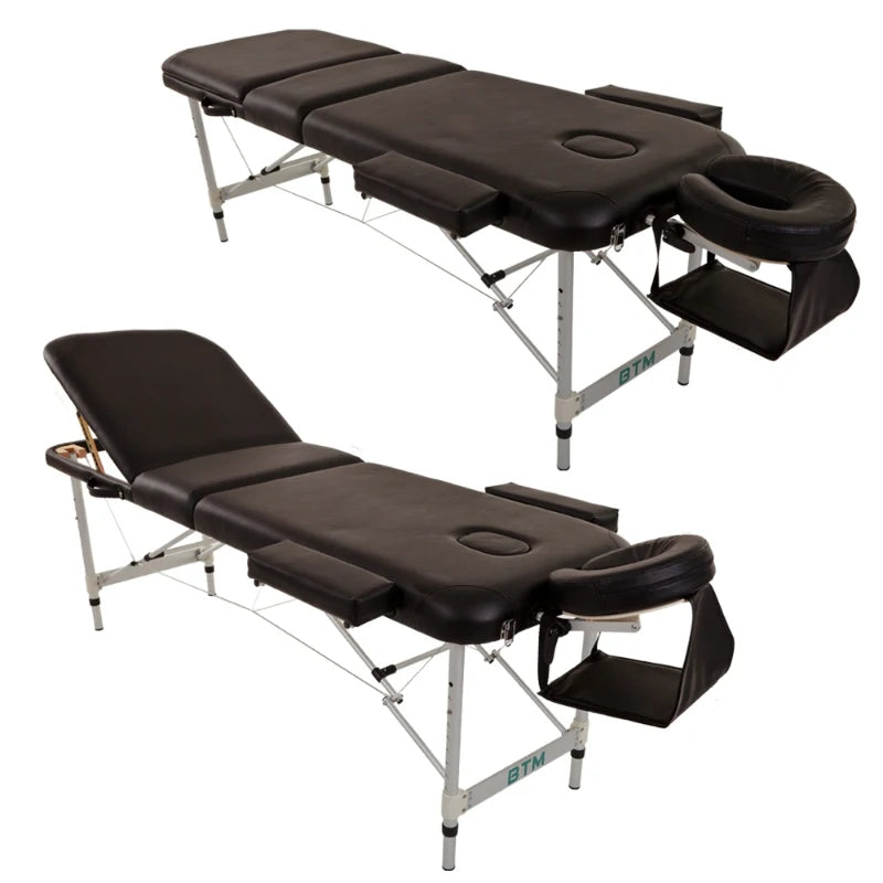 Black Portable 3-Section Aluminium Massage Table with Adjustable Headrest and Arm Support