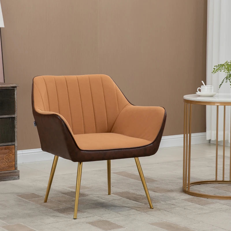 Velvet Armchair with Golden Steel Legs, Light Brown