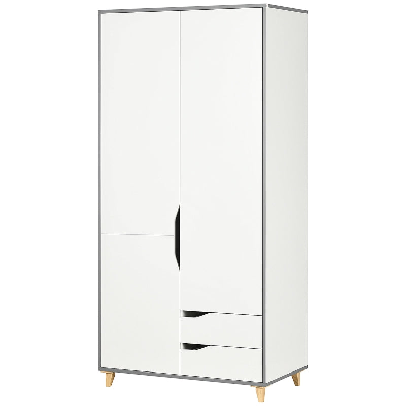 White Wardrobe with 2 Doors, 2 Drawers, Hanging Rail, Shelves - Bedroom Clothes Storage 89x50x185cm