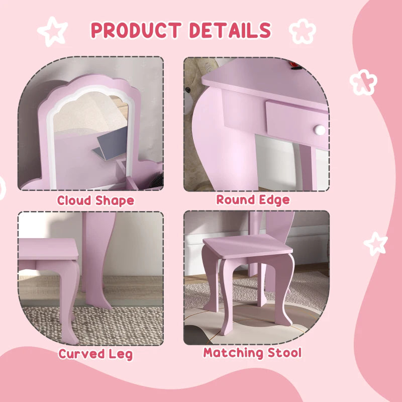 Kids Pink Cloud Vanity Set with Mirror, Stool, Drawer & Storage - Ages 3-6