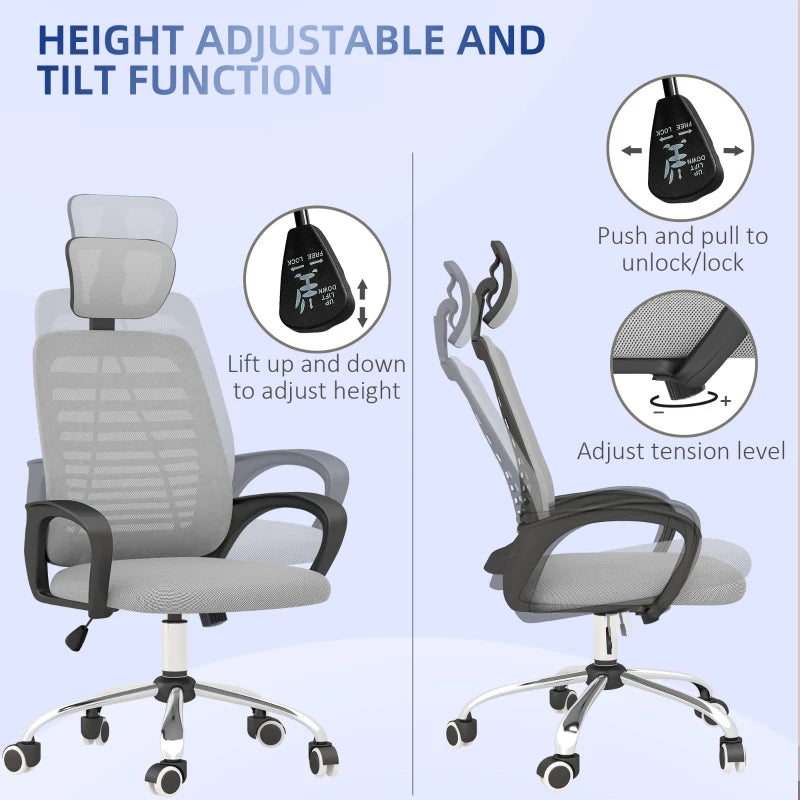 Grey Mesh Office Chair with Headrest, Lumbar Support & Armrest