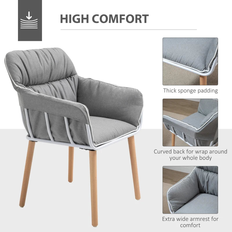Grey and White Piped Accent Chair with Thick Padding and Wood Legs