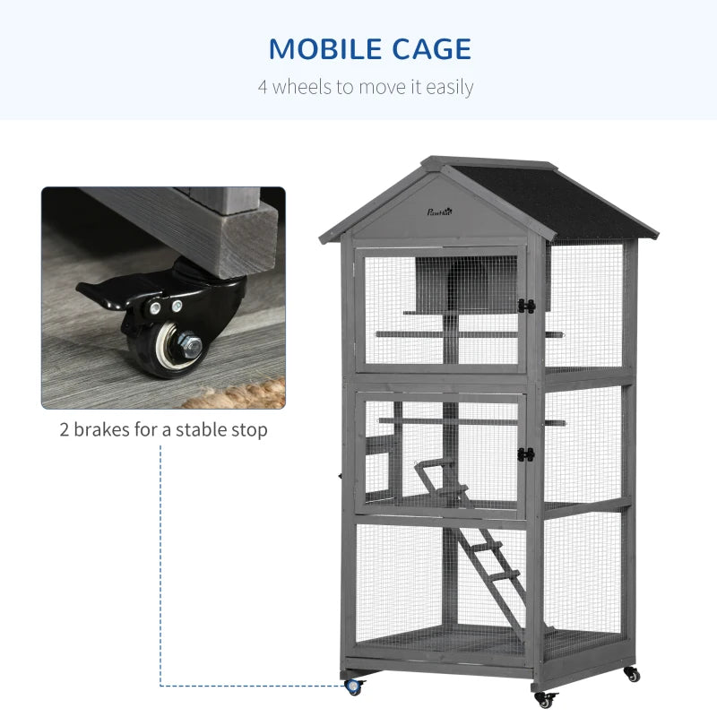 Mobile Wooden Bird Aviary Cage for Small Birds - Dark Grey