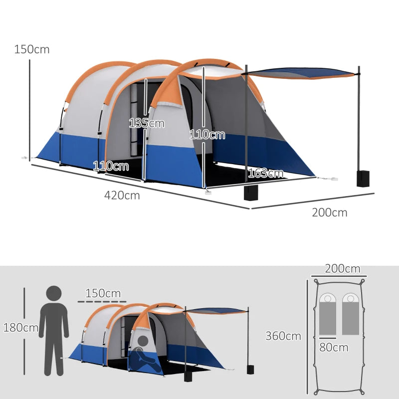 Orange 2-3 Person Waterproof Camping Tunnel Tent with Bedroom and Living Area