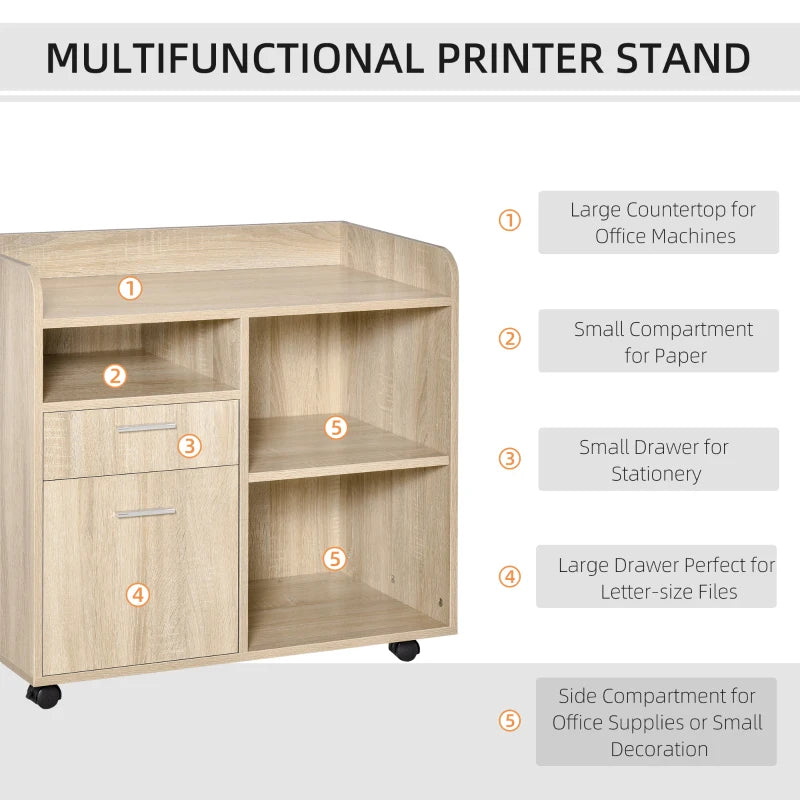 Oak 2-Drawer Printer Stand with Adjustable Shelves