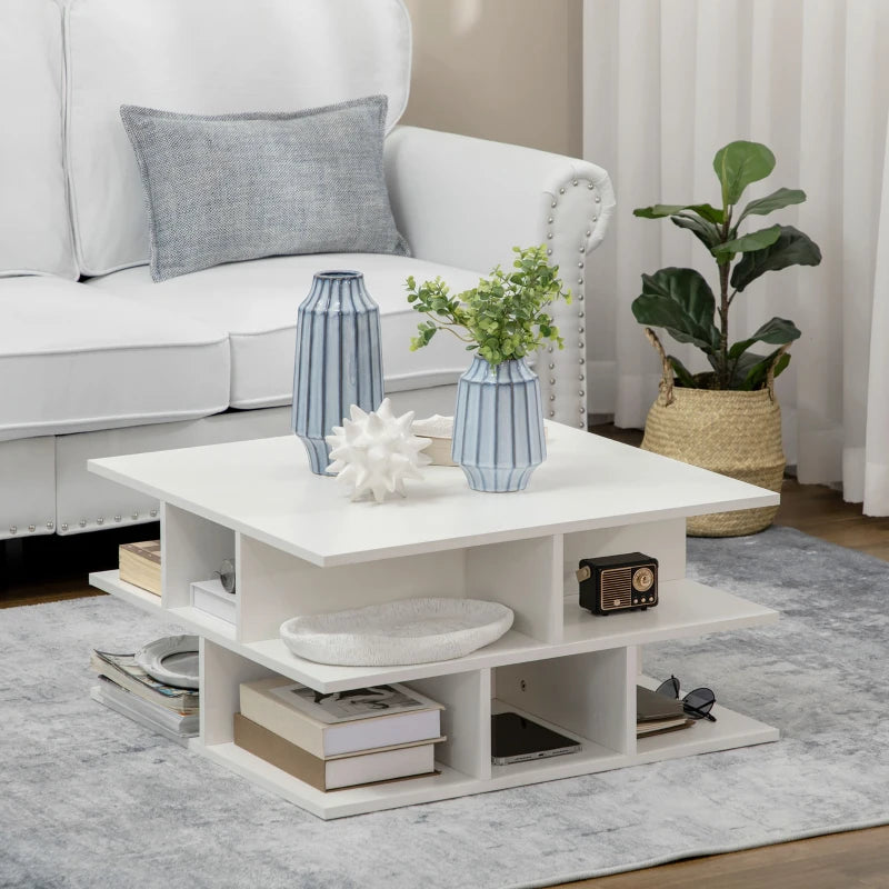 Modern White Square Coffee Table with Storage Shelves