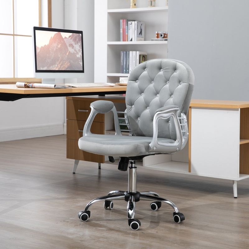 Grey Velvet Swivel Office Chair with Adjustable Height and Wheels