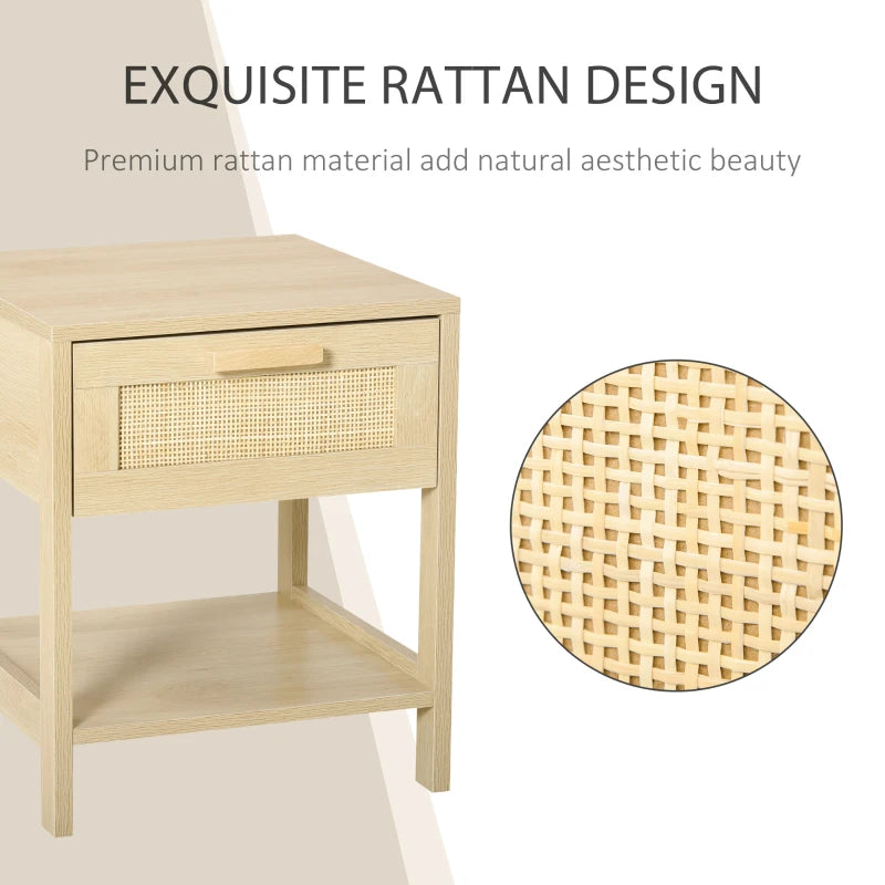 Rattan Drawer Nightstand with Storage Shelf - White