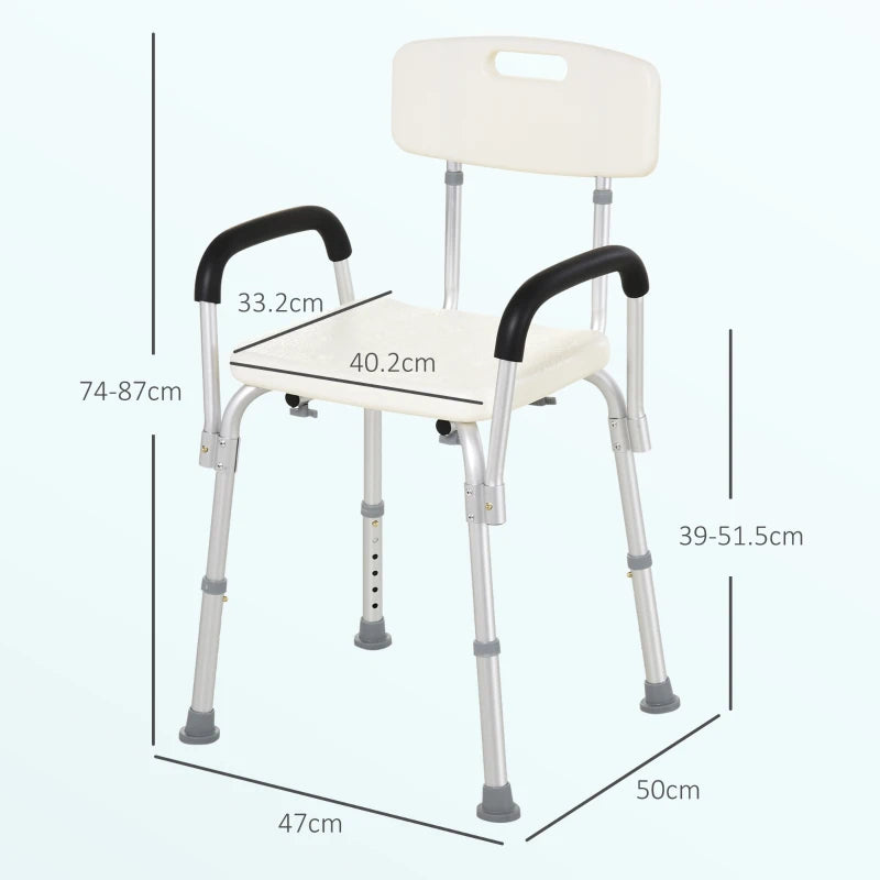 Adjustable Shower Chair with Back and Armrest, Portable Medical Stool - White