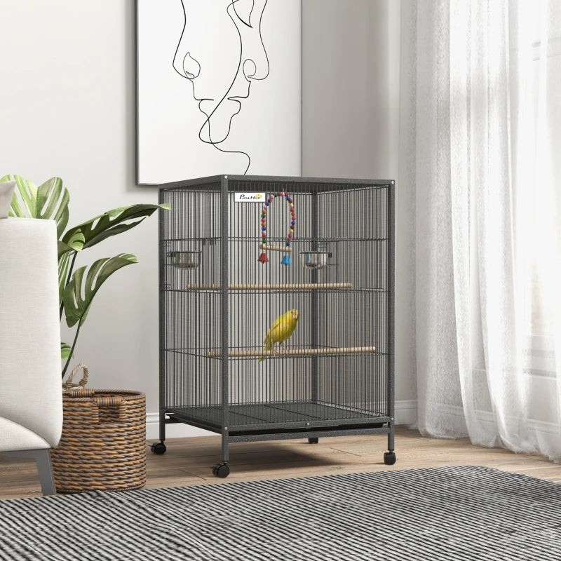 Grey Bird Cage with Rolling Stand for Small Birds