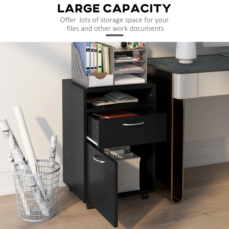 Black 60cm Storage Cabinet with Drawer, Open Shelf, Metal Handles, 4 Wheels - Office Home Organizer