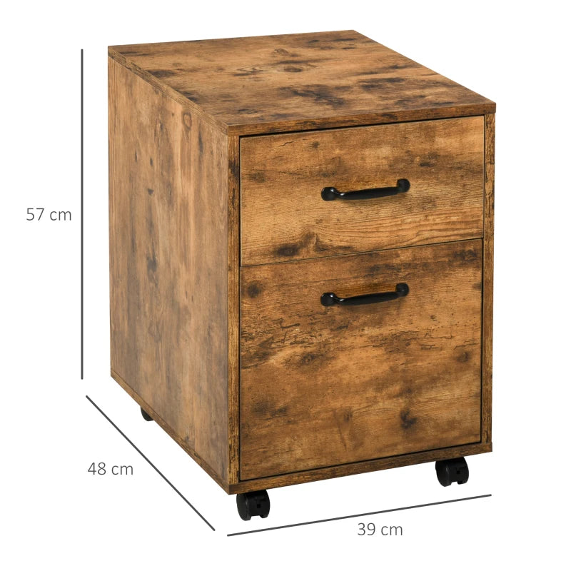 Rustic Brown 2-Drawer Mobile File Cabinet for Letter-Sized Documents