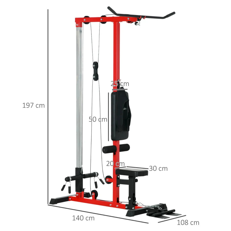 Red Pull Up Station with Adjustable Seat and Lat Pulldown - Home Gym Fitness Equipment